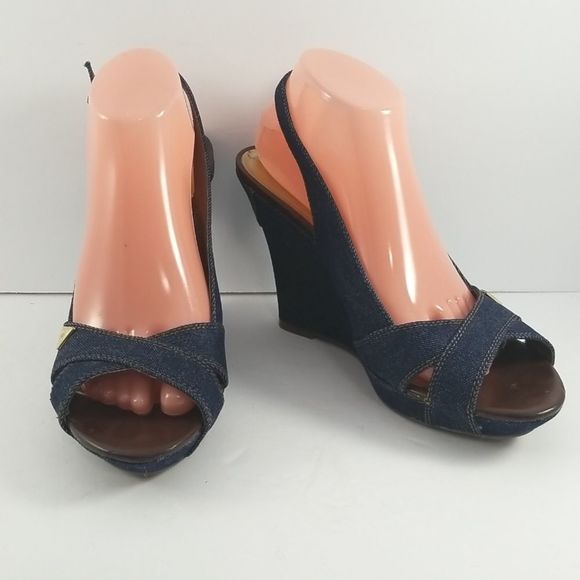 GUESS Blue Denim & Leather Slingback Platforms Size 9.5M. S598 - Picture 1 of 10